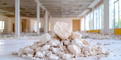 Pile of demolition debris in an empty office space